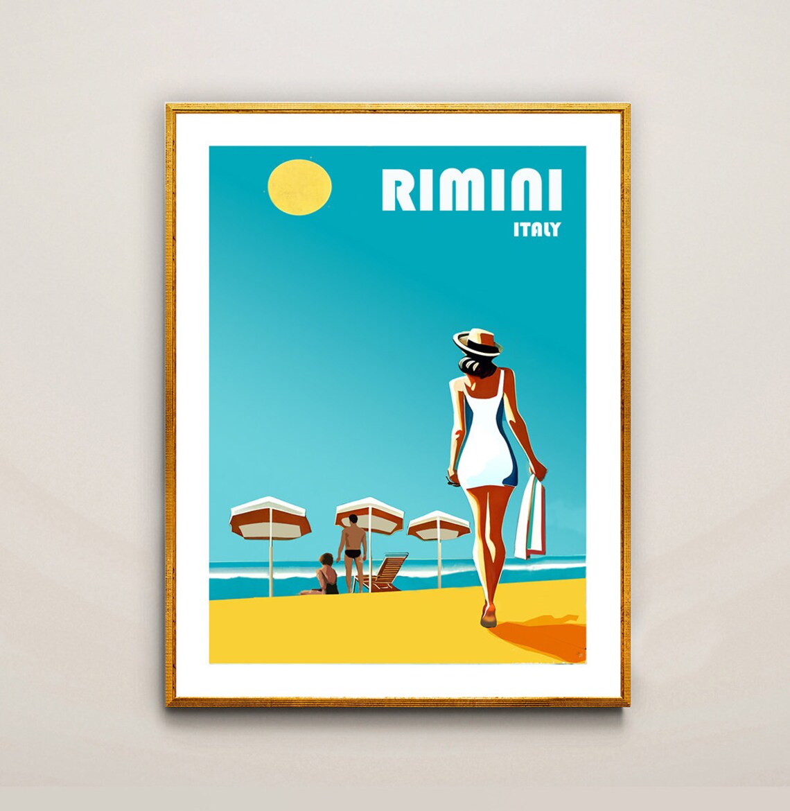 Rimini Italy Sunny Beach Umbrellas Vintage Italian Coast Travel Poster