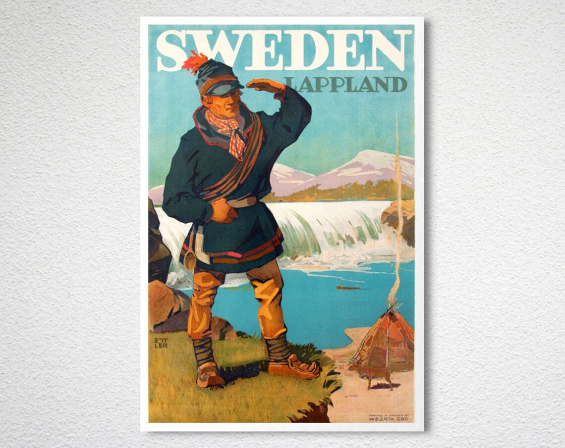 Sweden Lappland Sami Man Waterfall Traditional Dress Travel Poster - Image 2