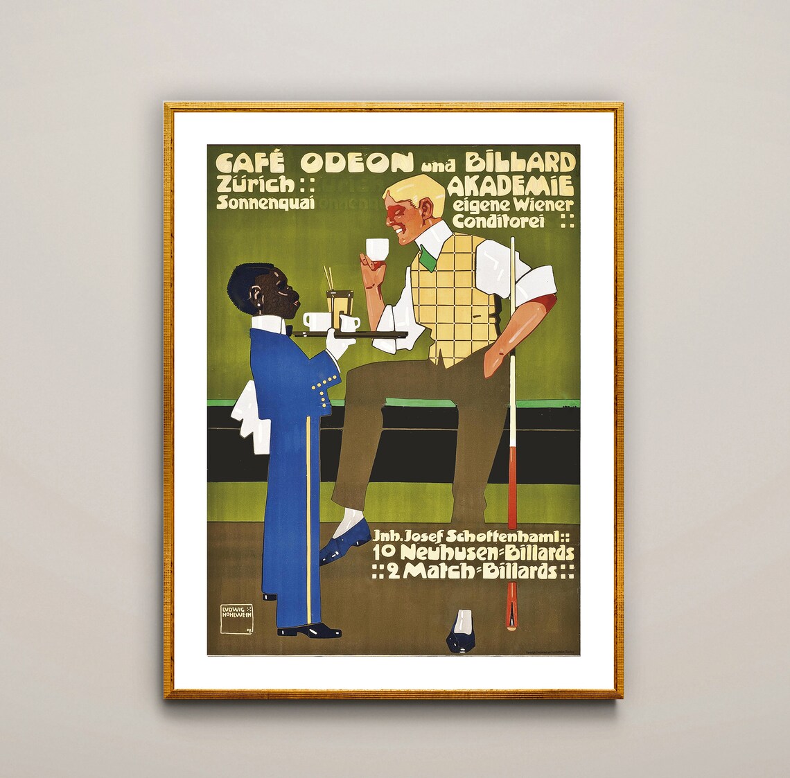 Cafe Odeon Zurich Billard Akademie Hohlwein Vintage Poster Art