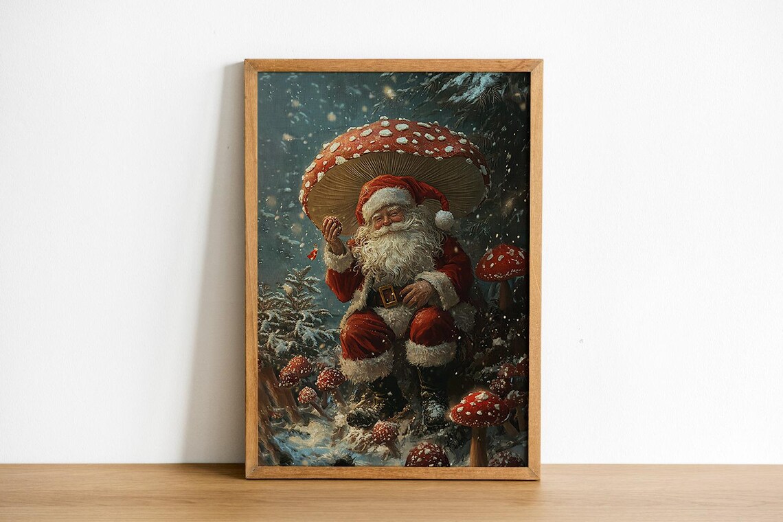 Santa Claus Under Giant Mushroom In Snowy Forest Whimsical Holiday Poster - Image 4