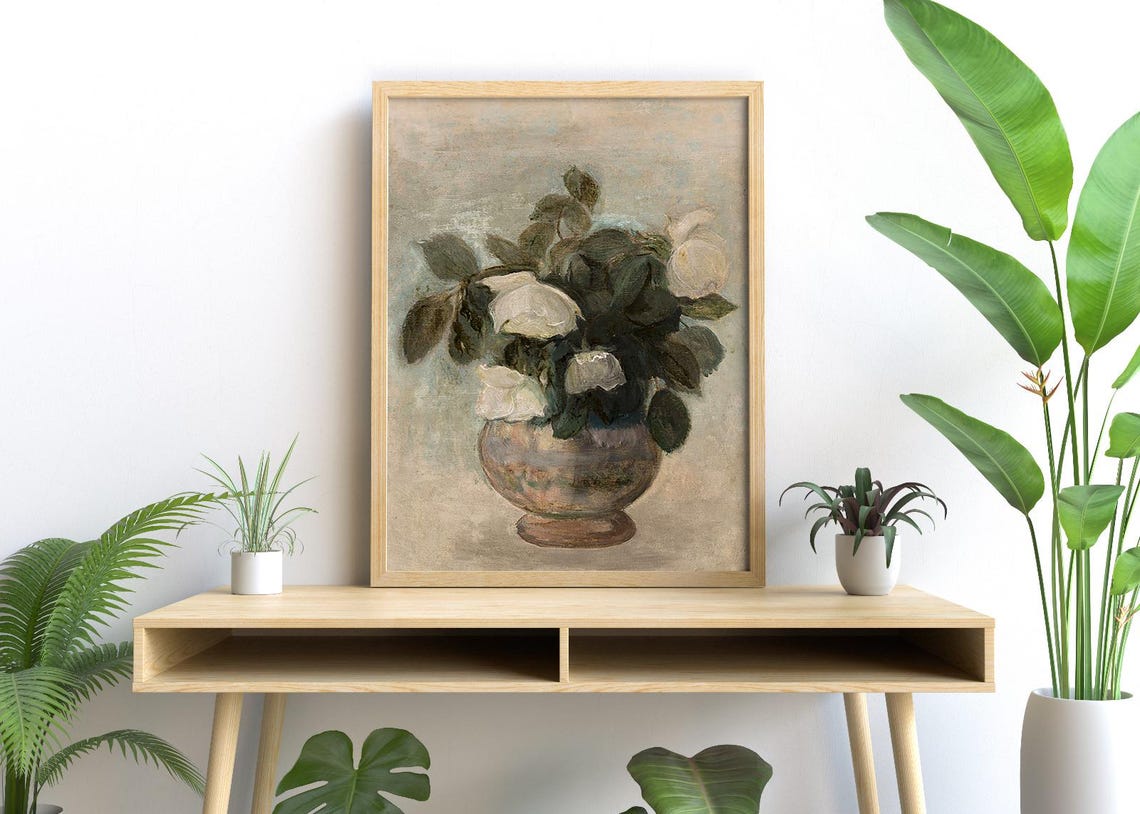 Vintage White Roses In Ceramic Vase Impressionist Botanical Poster - Image 3