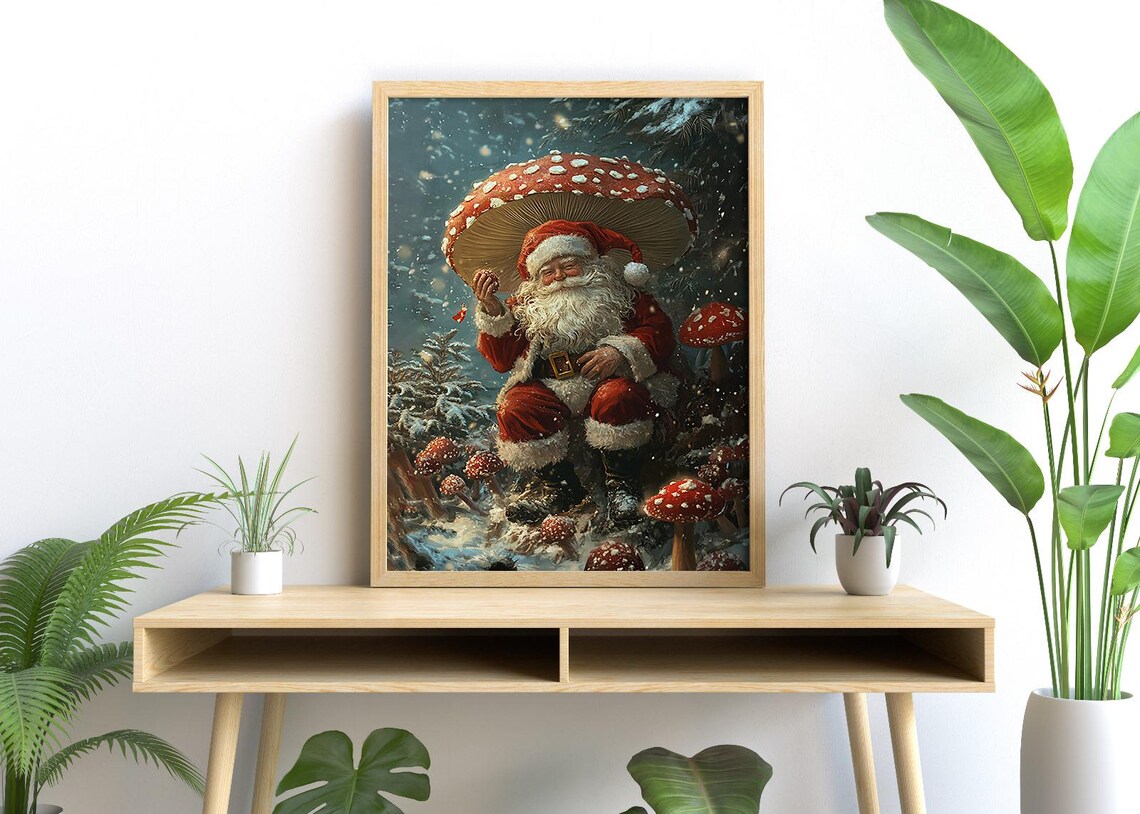 Santa Claus Under Giant Mushroom In Snowy Forest Whimsical Holiday Poster - Image 3