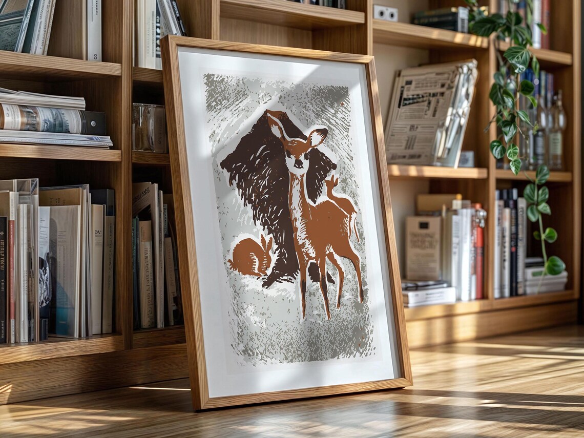 Deer and Rabbit in Snow Woodcut Style Woodland Winter Art Poster - Image 4