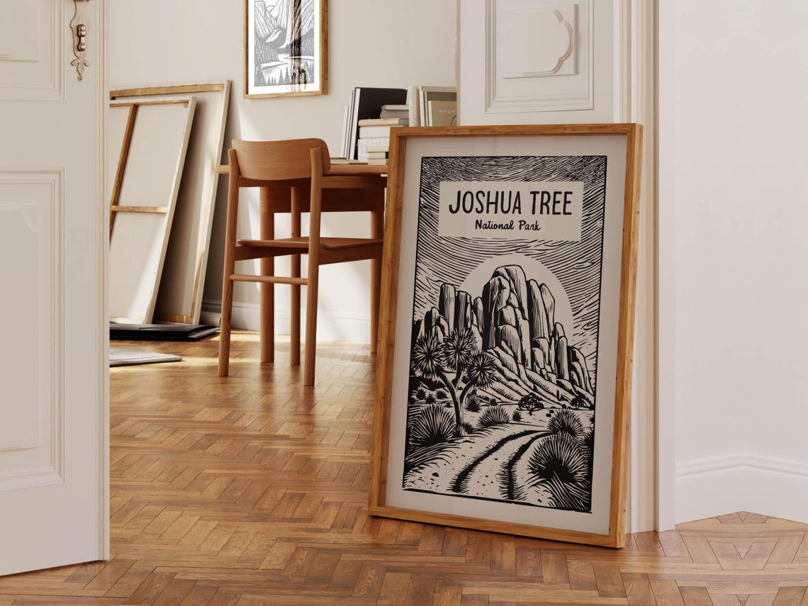 Woodcut Joshua Tree Travel Print Retro Joshua Tree Art Wall Decor Southern California Travel Wall Art Desert Outdoorsy Gift For Traveler