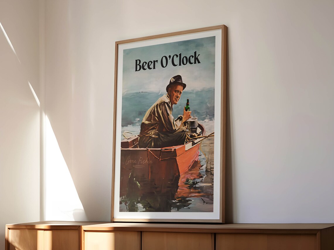 Beer O'Clock Bar Print, Beer Fishing Decor