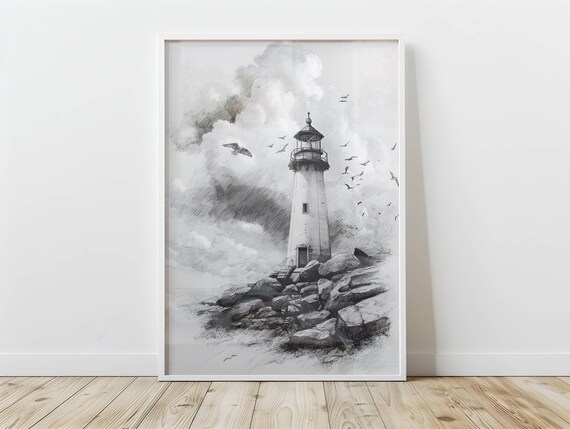 Pencil Sketched Lighthouse Black White Nautical Coastal Wall Poster