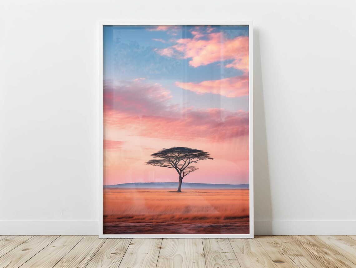 African Landscape Sunset Poster, Nature Wildlife Art