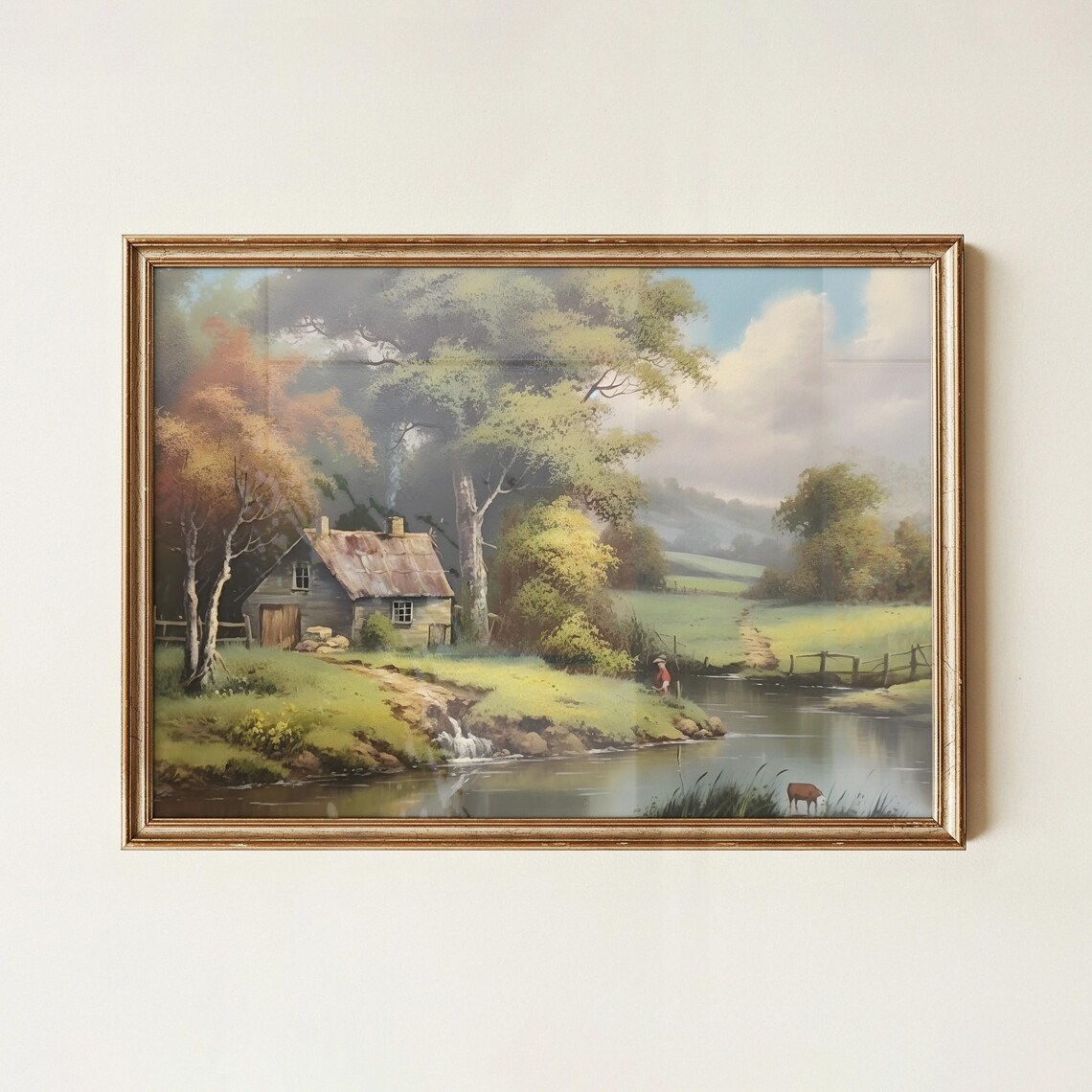Vintage Cottage by the River Painting Rustic Countryside Landscape Poster