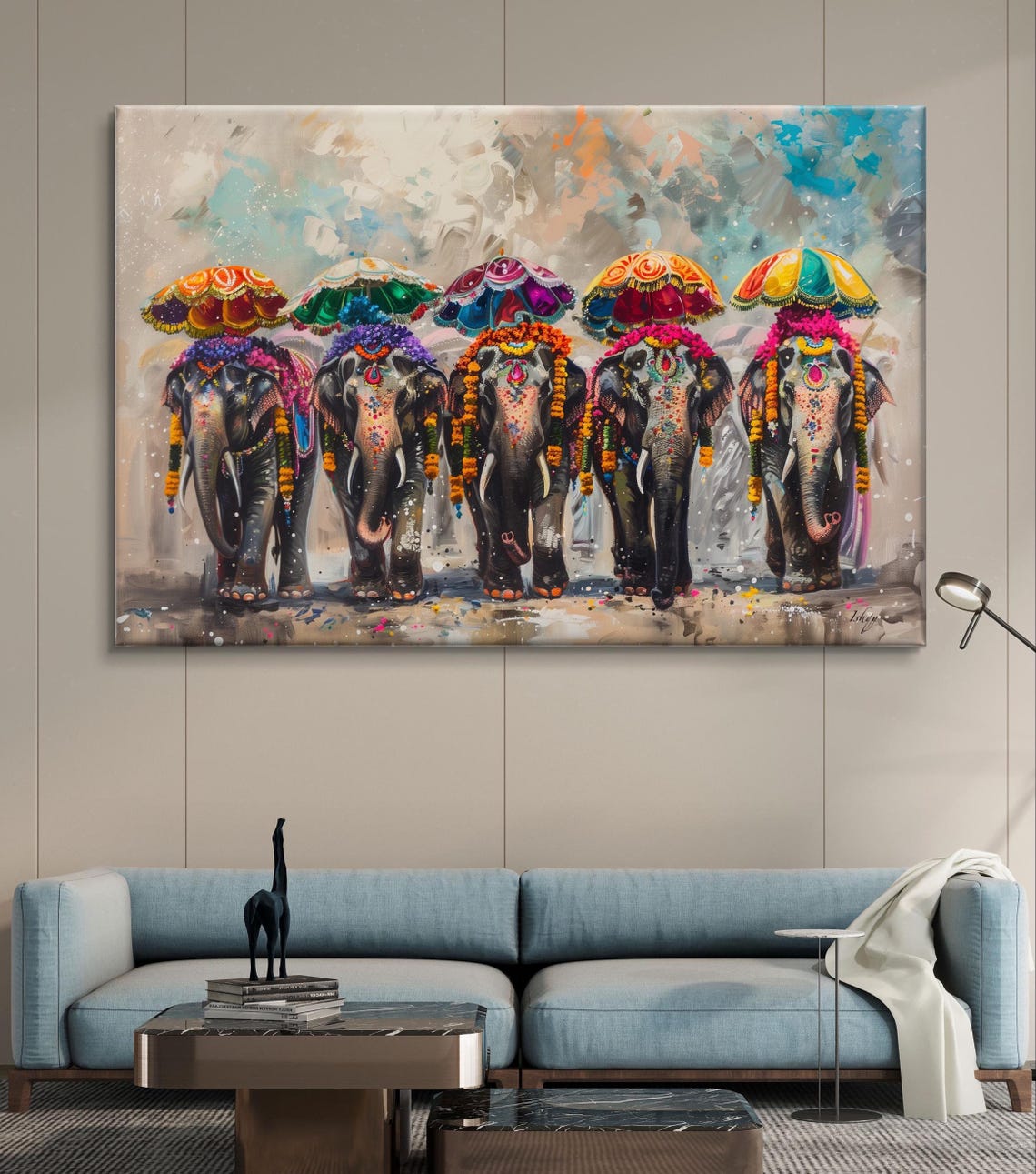 Five Decorated Indian Festival Elephants Parasols Parade Art Poster - Image 4