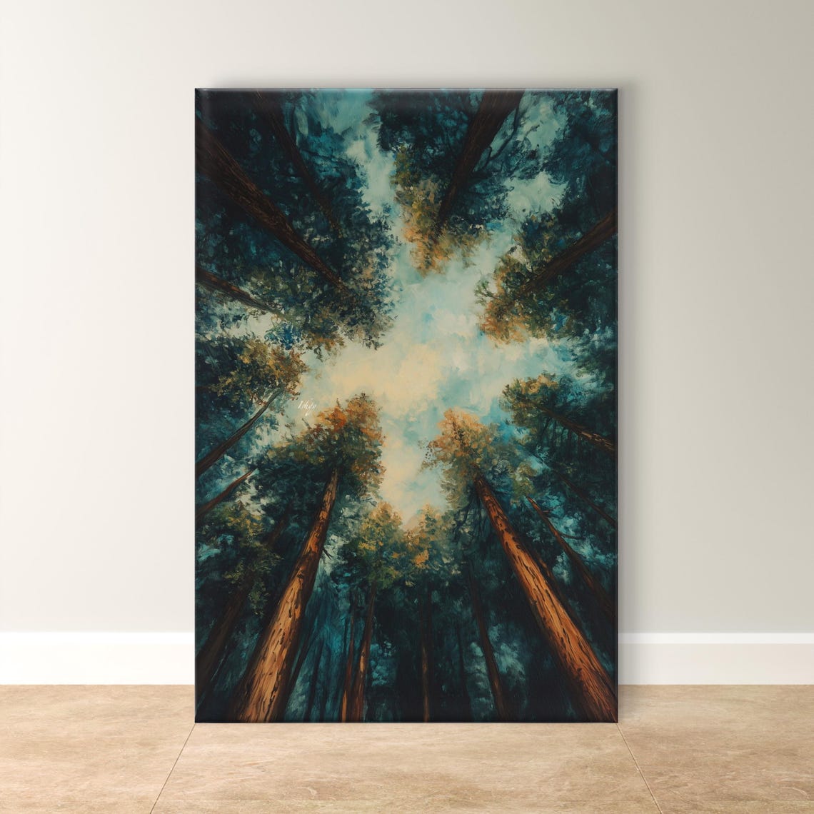 Towering Redwoods Looking Up Golden Light Canopy View Poster