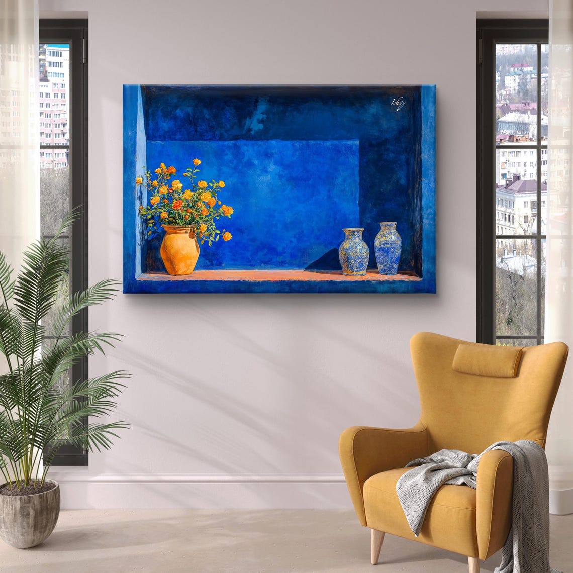 Cobalt Blue Moroccan Niche With Roses and Ceramic Vases Poster - Image 4