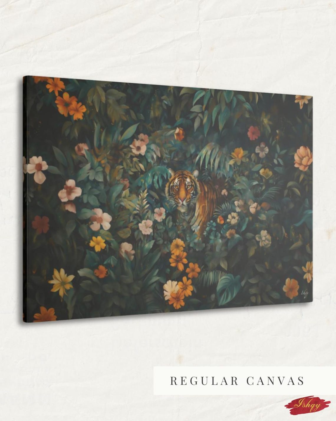 Tiger Walking Through Moody Botanical Jungle Blossoms Art Poster - Image 4
