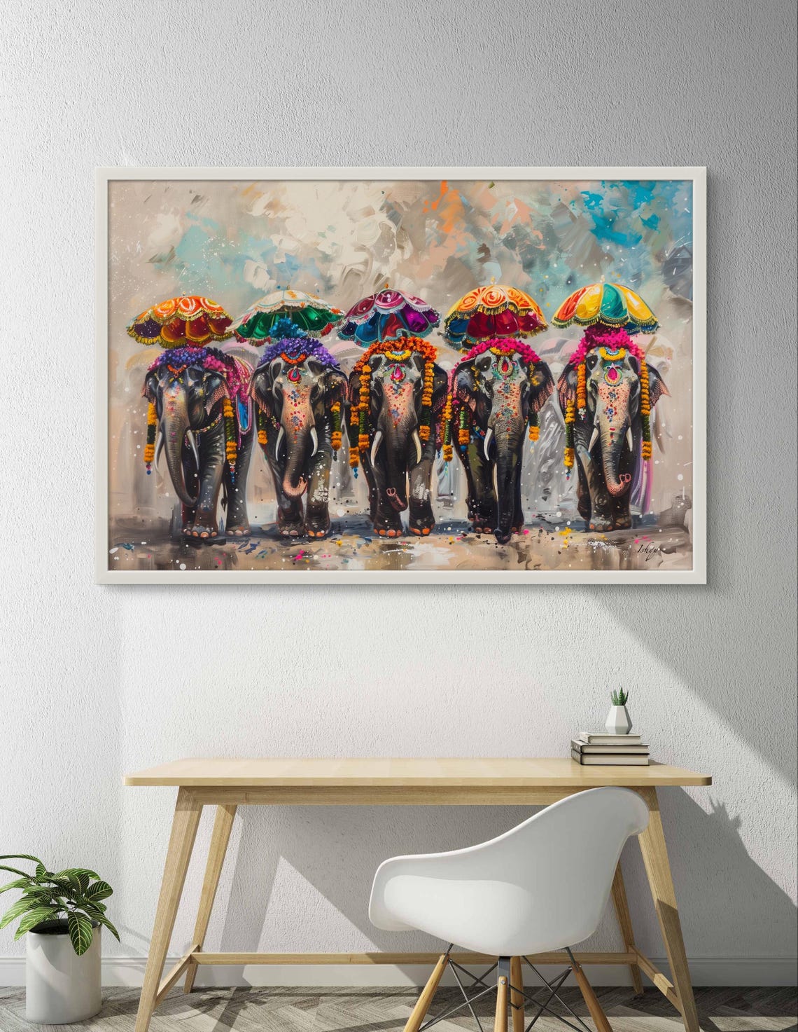 Five Decorated Indian Festival Elephants Parasols Parade Art Poster - Image 3