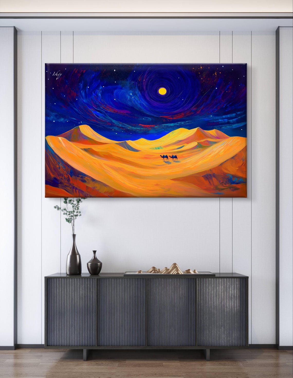 Desert Night Golden Dunes Camel Caravan Under Swirling Moon Sky Poster - Image 7