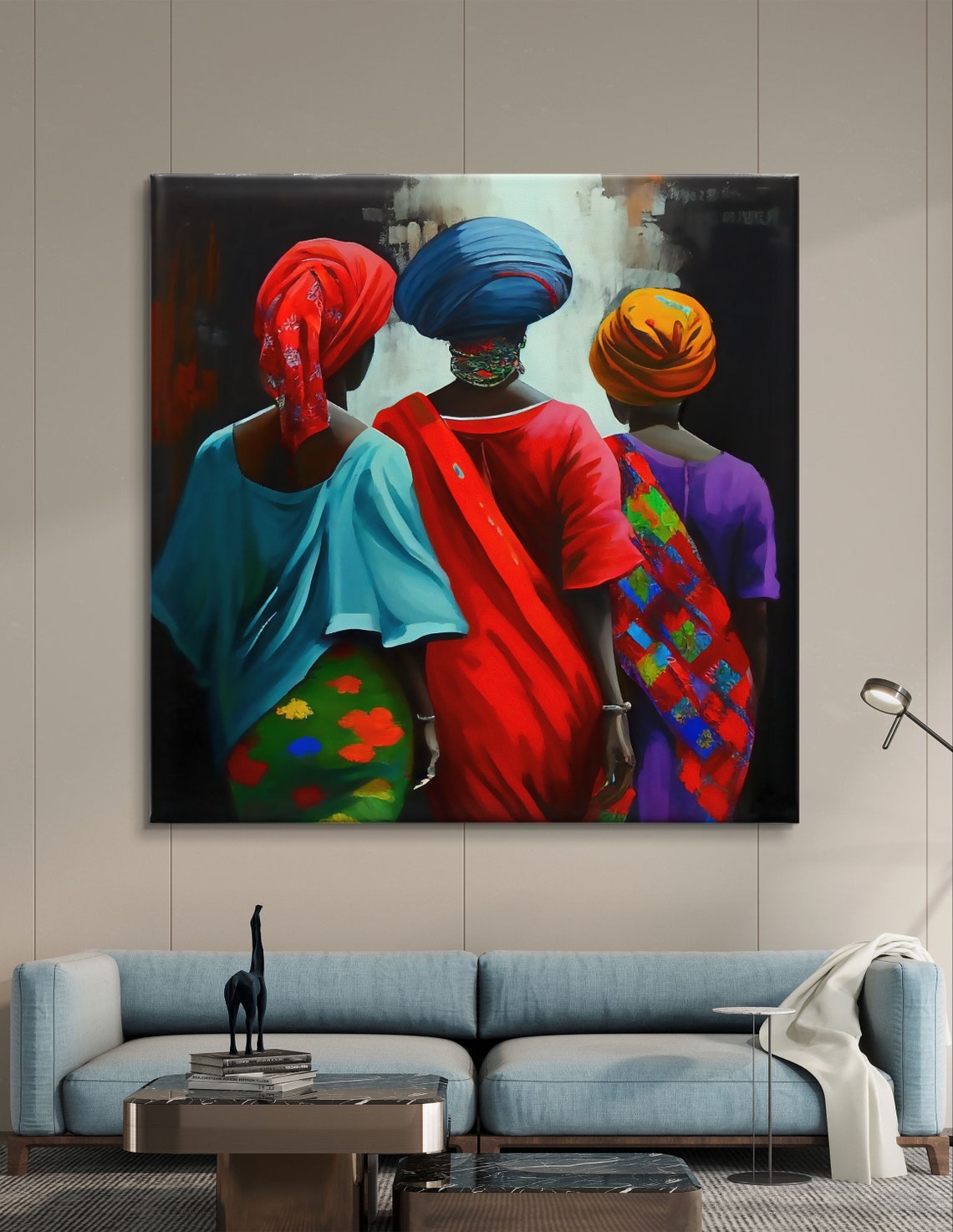 Three Women in Colorful Head Wraps Walking Together Art Poster - Image 5