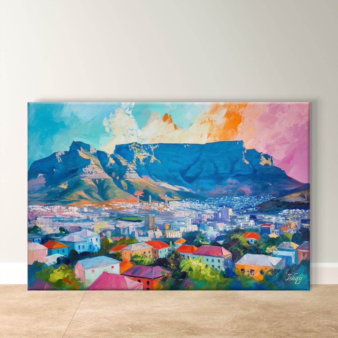 Cape Town Table Mountain and Colorful Cityscape Vibrant Travel Poster