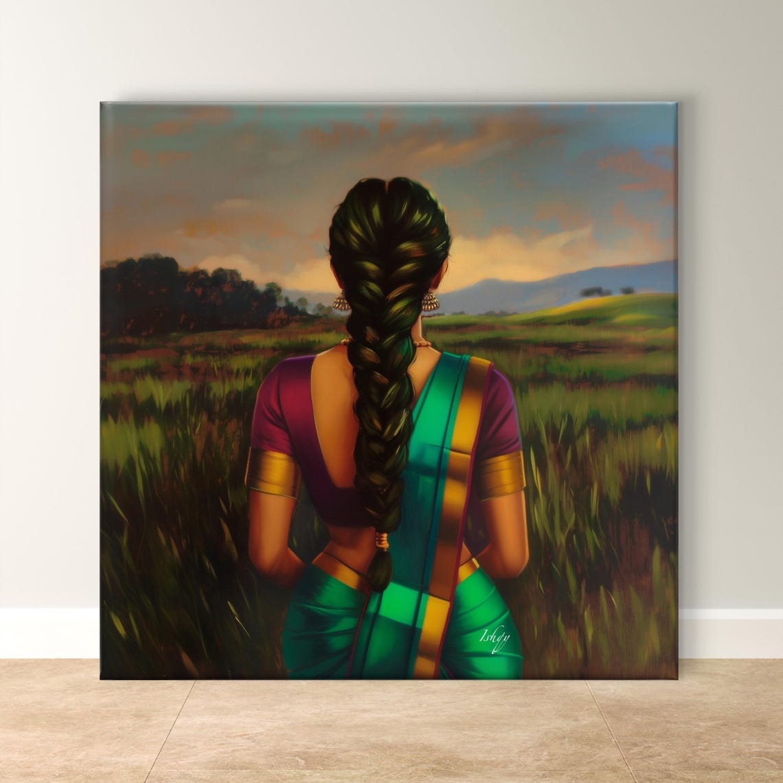 Woman in Green Saree Long Braid Golden Field Sunset Art Poster