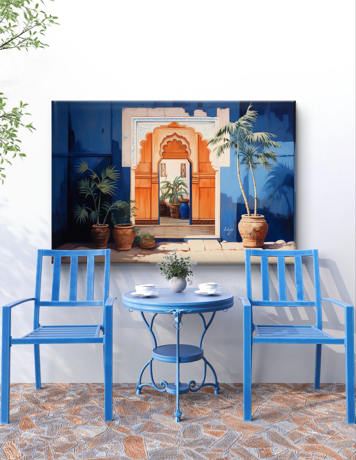 Blue Indian Haveli Wooden Door Clay Pots Courtyard Art Poster - Image 6