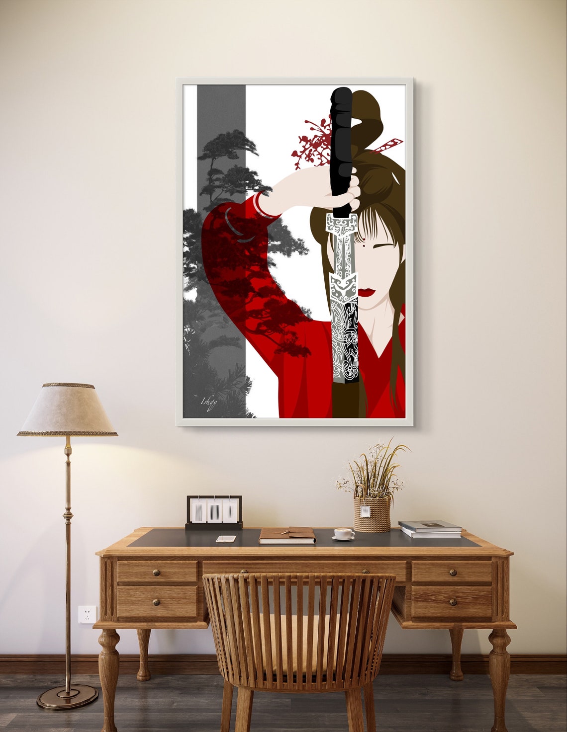 Japanese Warrior Woman Raised Katana Red Kimono Graphic Poster - Image 4