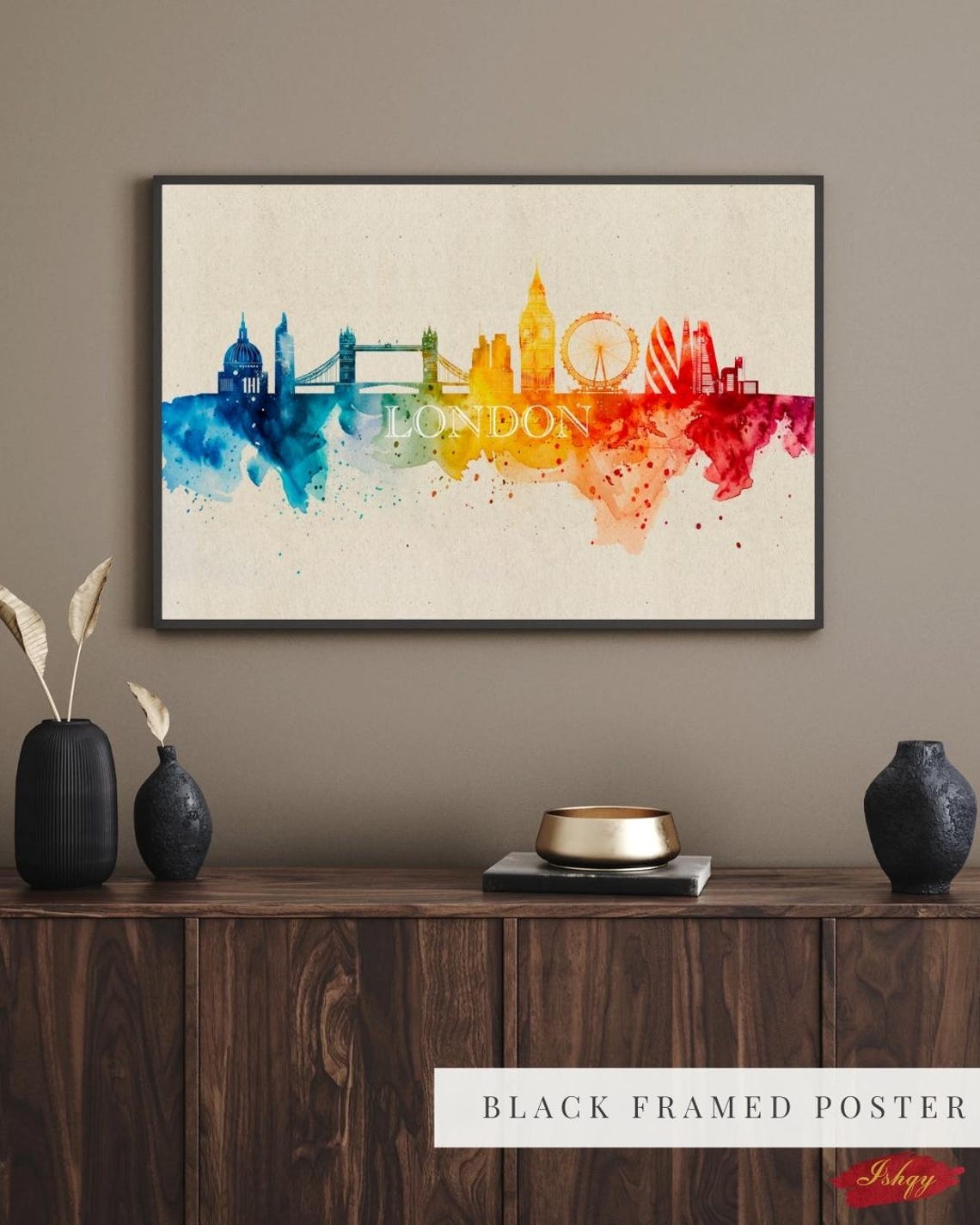 London Watercolor Skyline with Big Ben Tower Bridge Landmarks Poster - Image 3