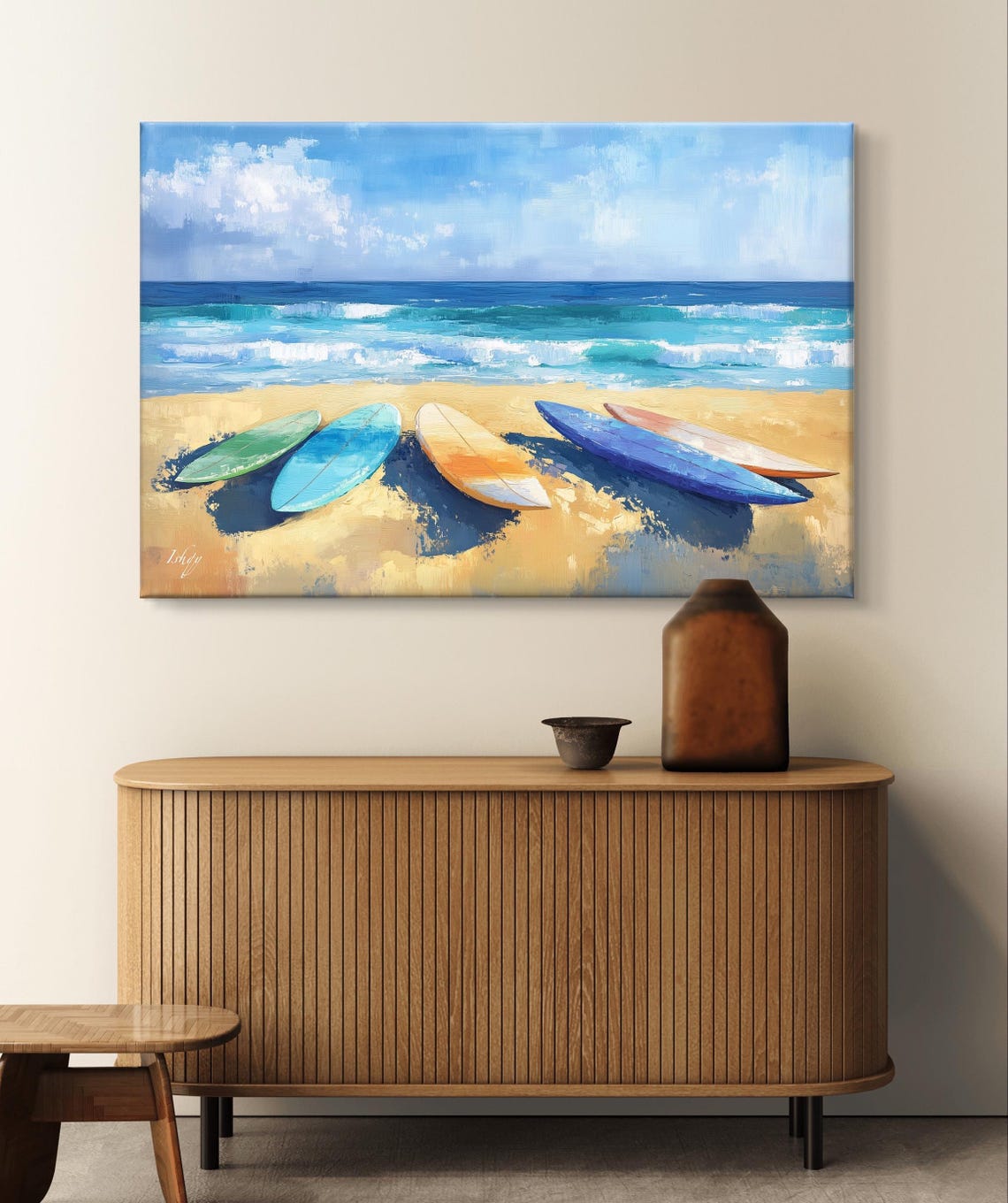 Five Surfboards on a Sunny Sandy Beach Ocean Waves Art Poster - Image 7