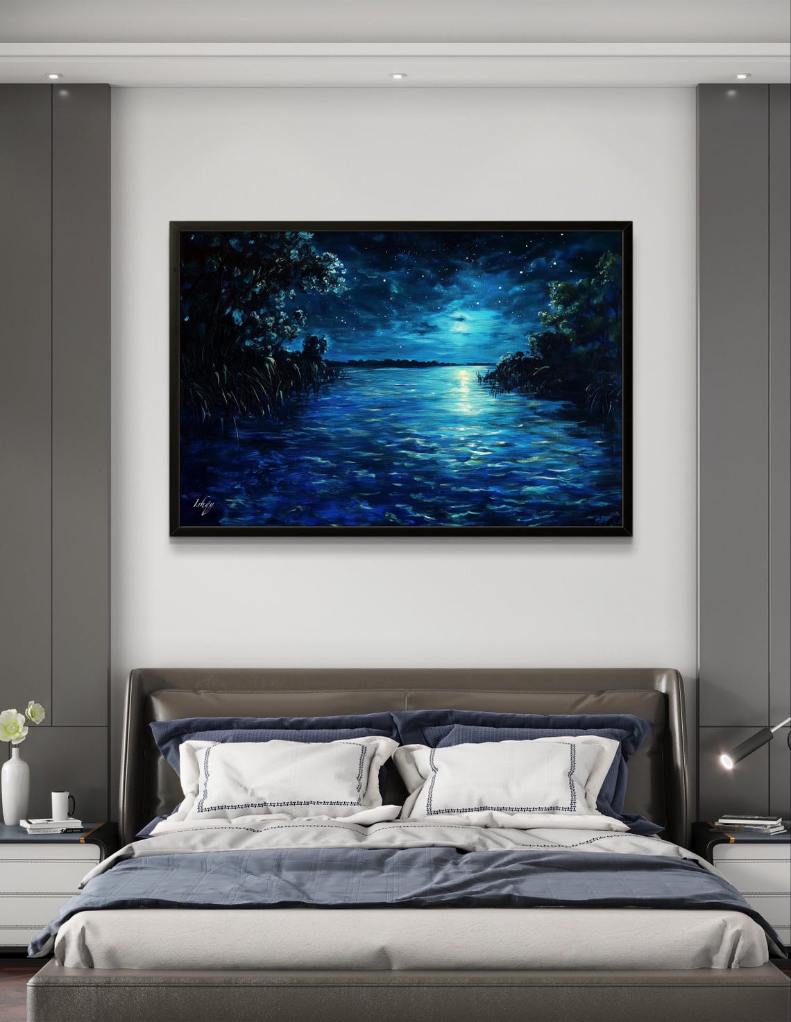 Bioluminescent Night Lake with Moon Reflection Starlit Poster - Image 2