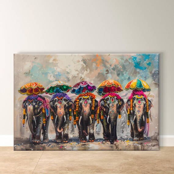Five Decorated Indian Festival Elephants Parasols Parade Art Poster