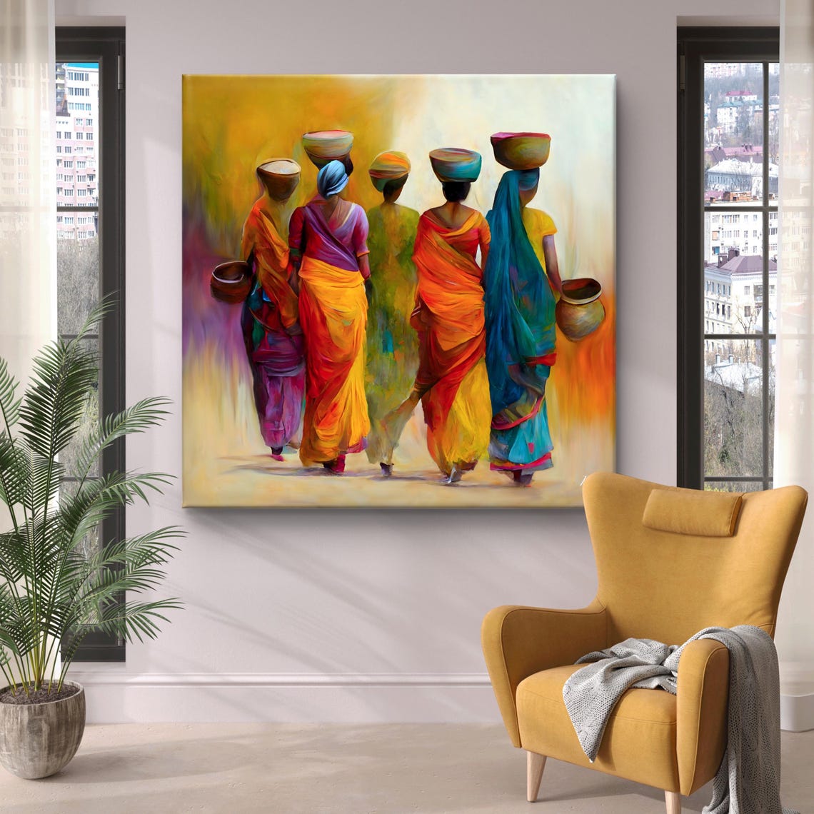 Women in Sarees Carrying Water Pots Vibrant Heritage Scene Poster - Image 6