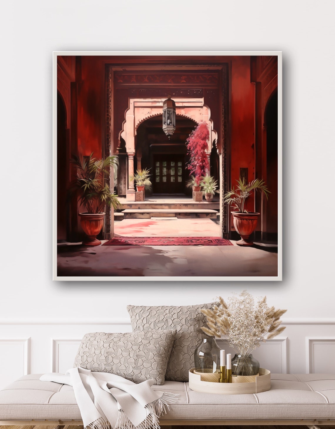 Indian Haveli Arched Entrance with Lantern in Red Tones Poster - Image 4