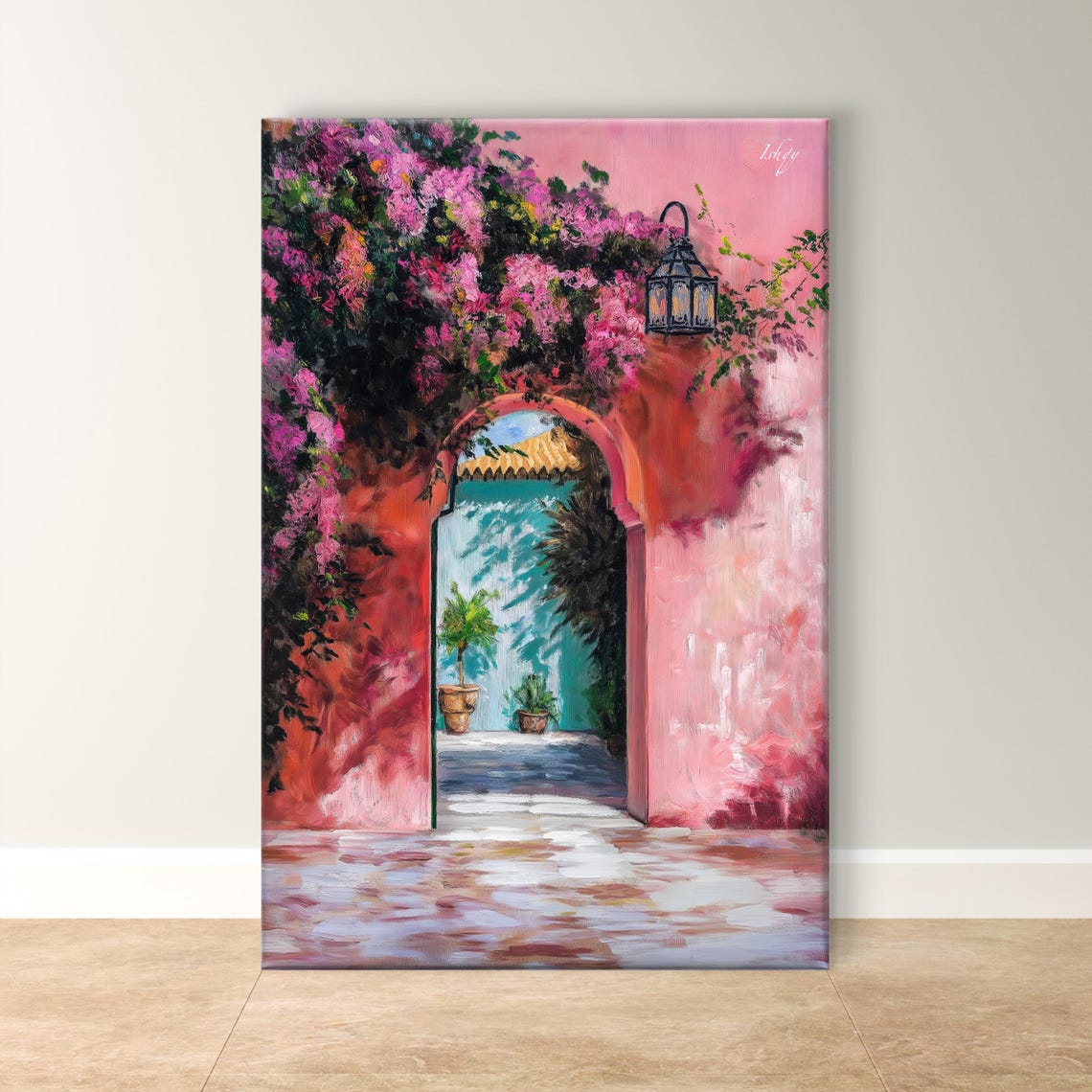 Pink Moroccan Archway Draped in Bougainvillea Painting Poster