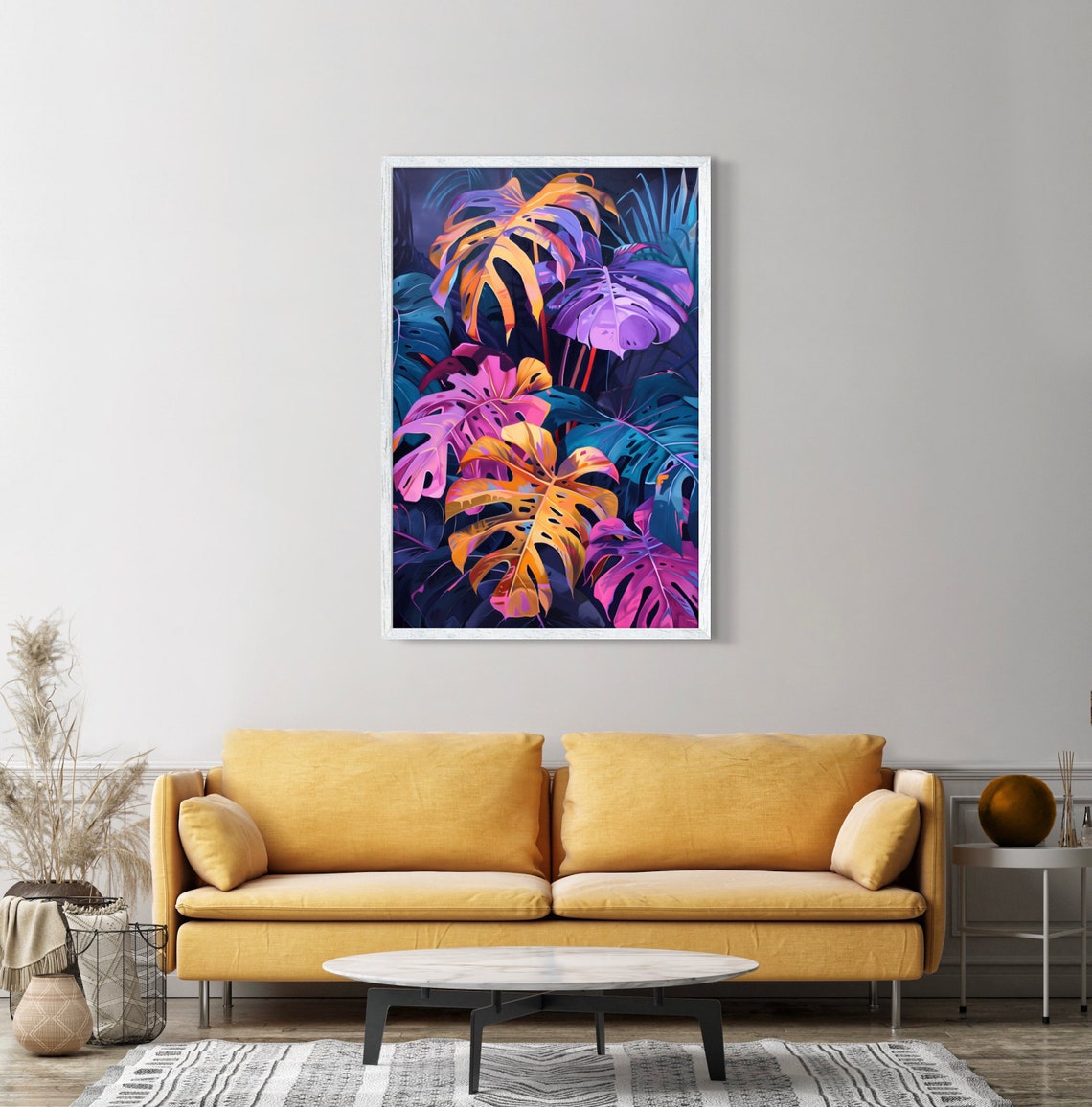 Neon Tropical Monstera Leaves on Dark Navy Background Art Poster - Image 4