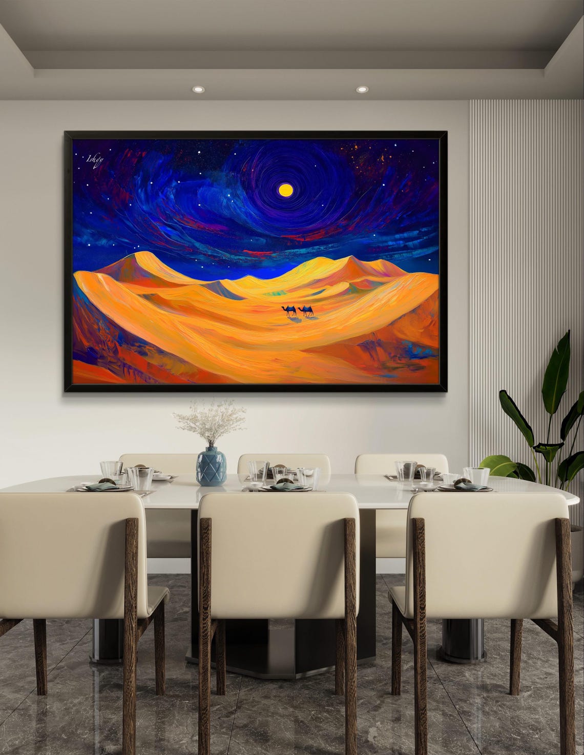 Desert Night Golden Dunes Camel Caravan Under Swirling Moon Sky Poster - Image 2