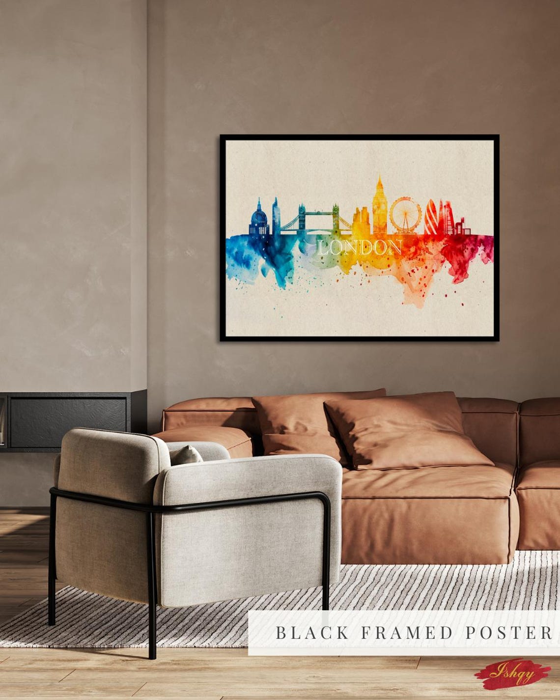 London Watercolor Skyline with Big Ben Tower Bridge Landmarks Poster - Image 2