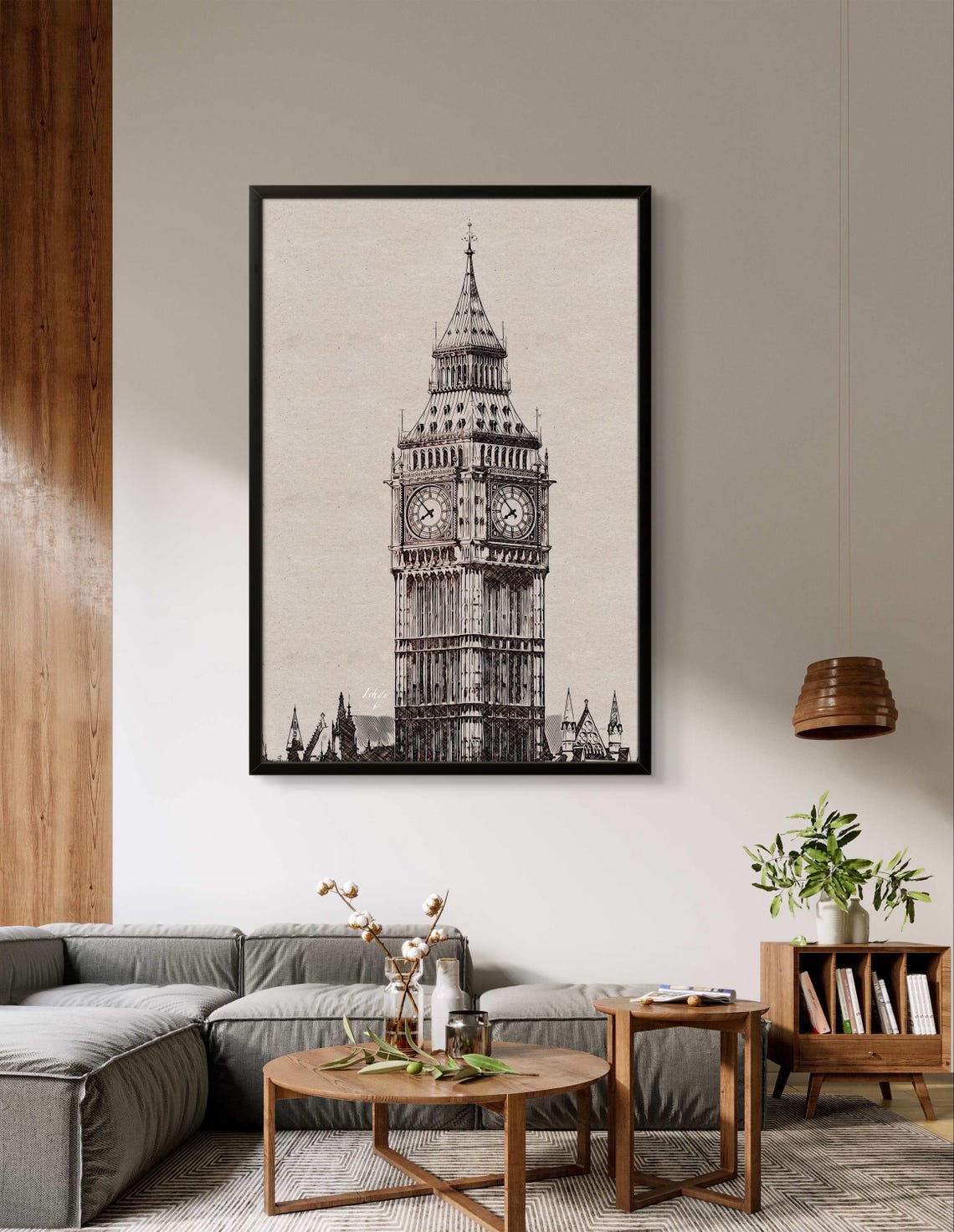 Big Ben Elizabeth Tower Black and White Line Art Sketch Poster - Image 2