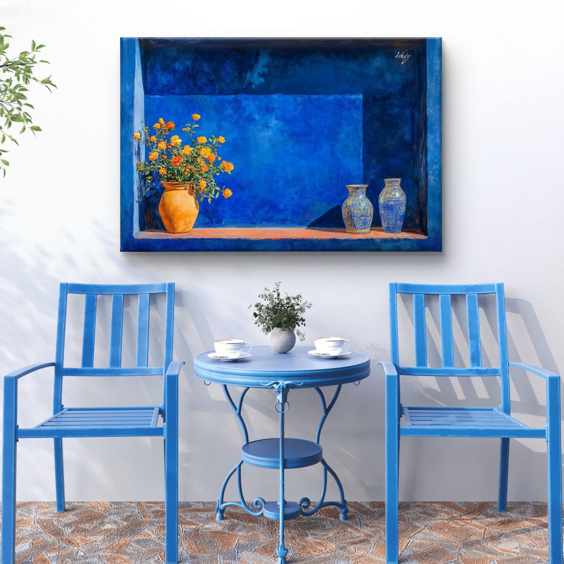 Cobalt Blue Moroccan Niche With Roses and Ceramic Vases Poster - Image 5