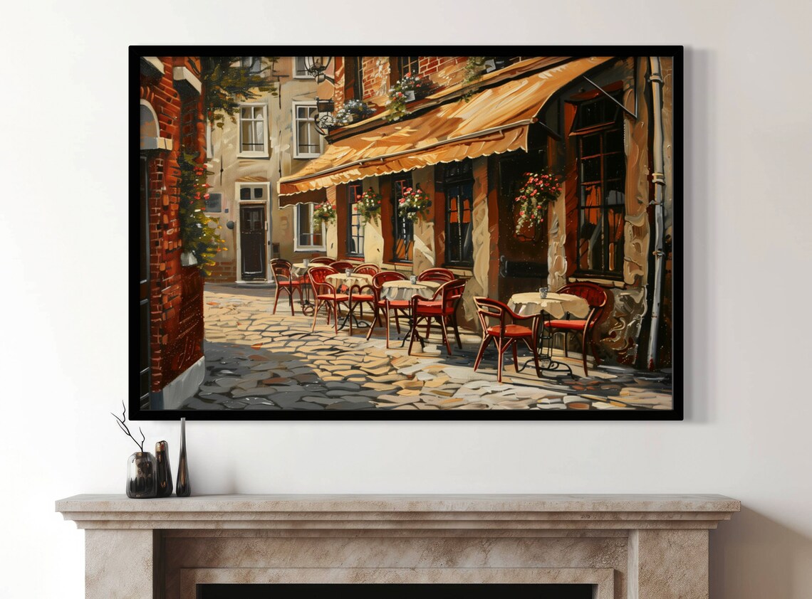 European Street Cafe Scene with Red Chairs in Old Town Poster - Image 3