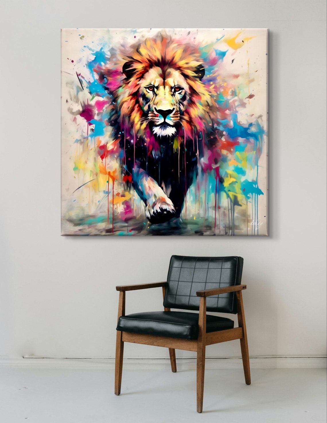 Lion Walking Forward in Vibrant Watercolor Splash Artwork Style Poster - Image 6