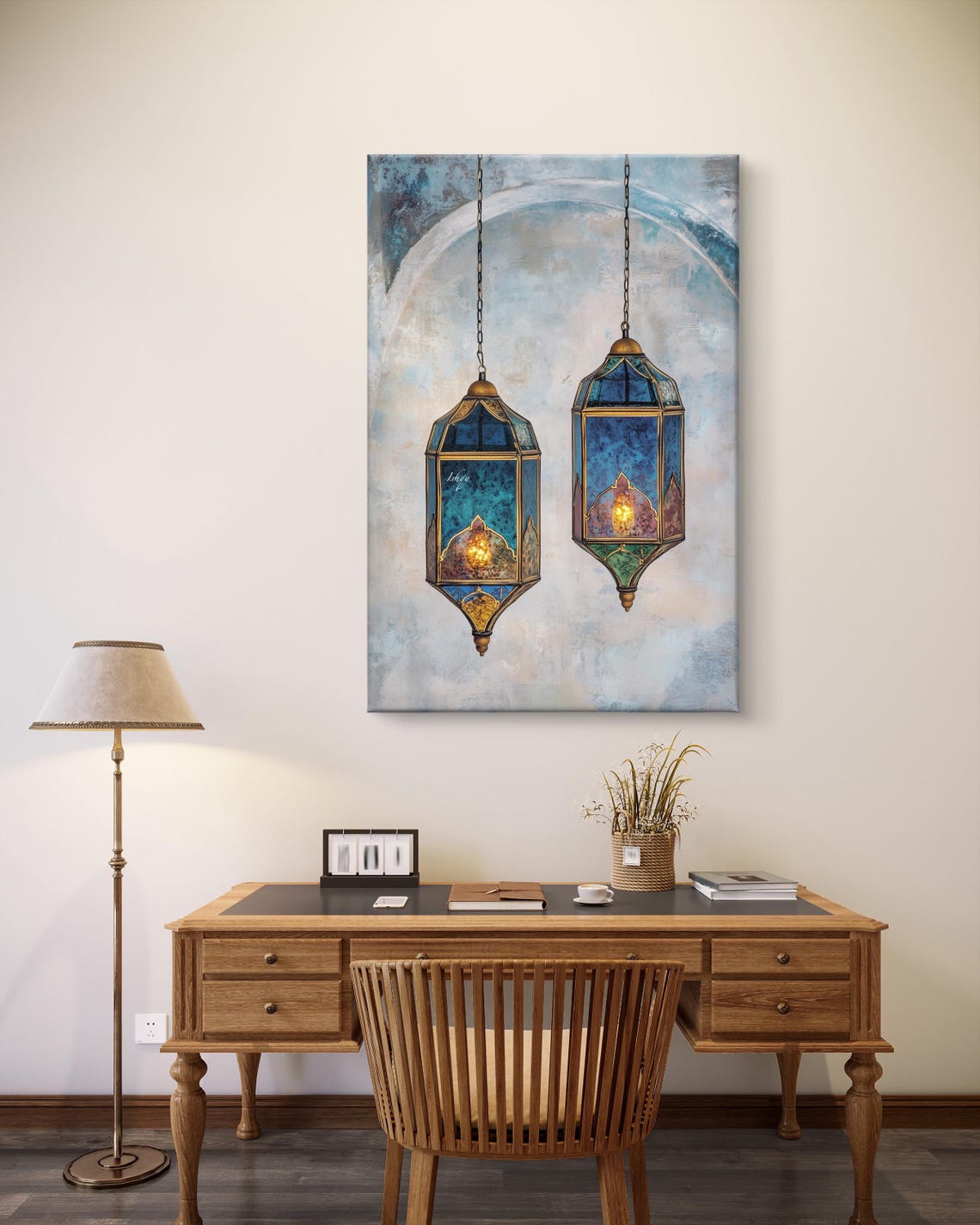 Two Moroccan Stained Glass Lanterns Hanging Still Life Painting Poster - Image 4