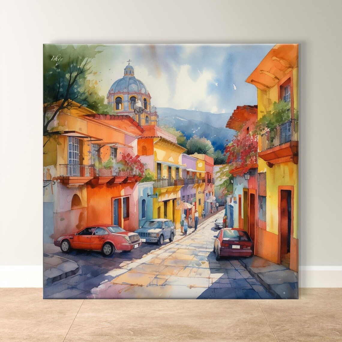 Jalisco Mexico Colorful Street with Church Dome Watercolor Poster