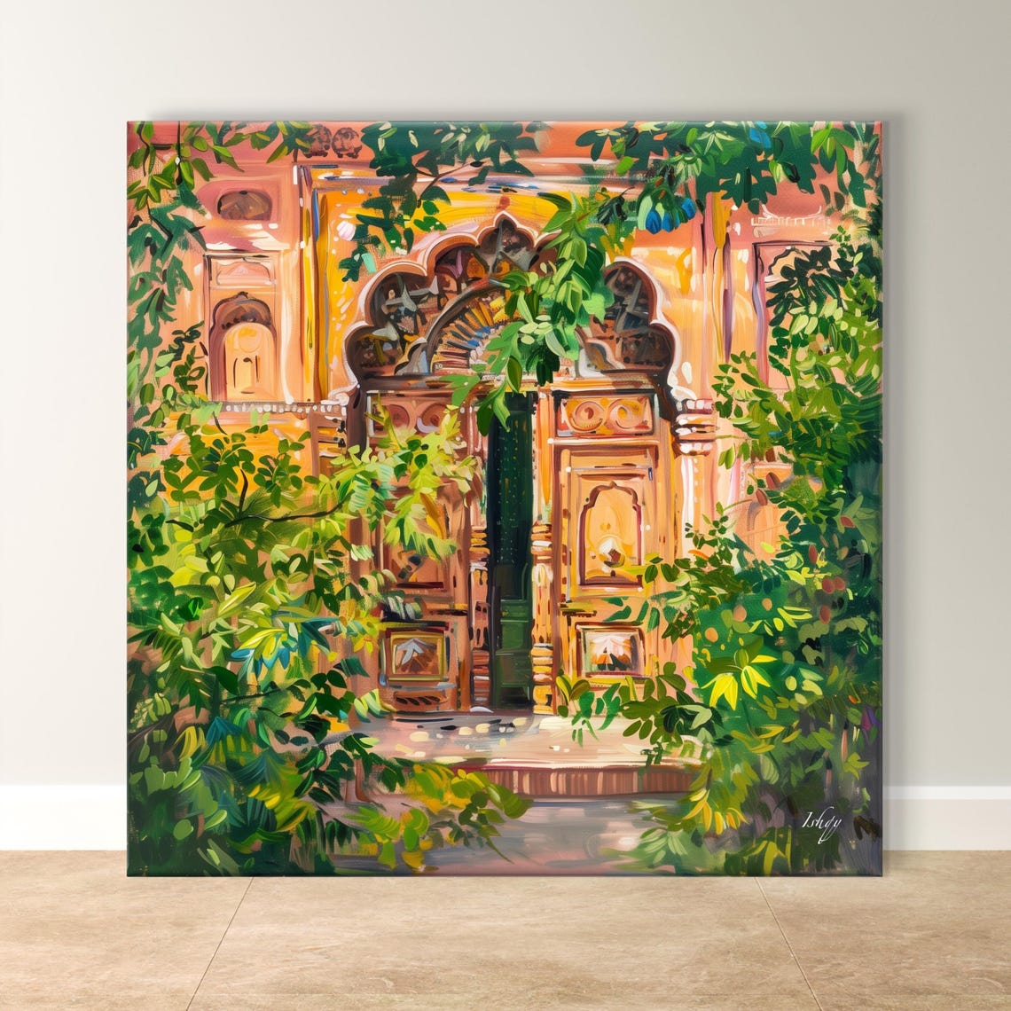 Ornate Indian Doorway Framed by Lush Green Tropical Vines Poster