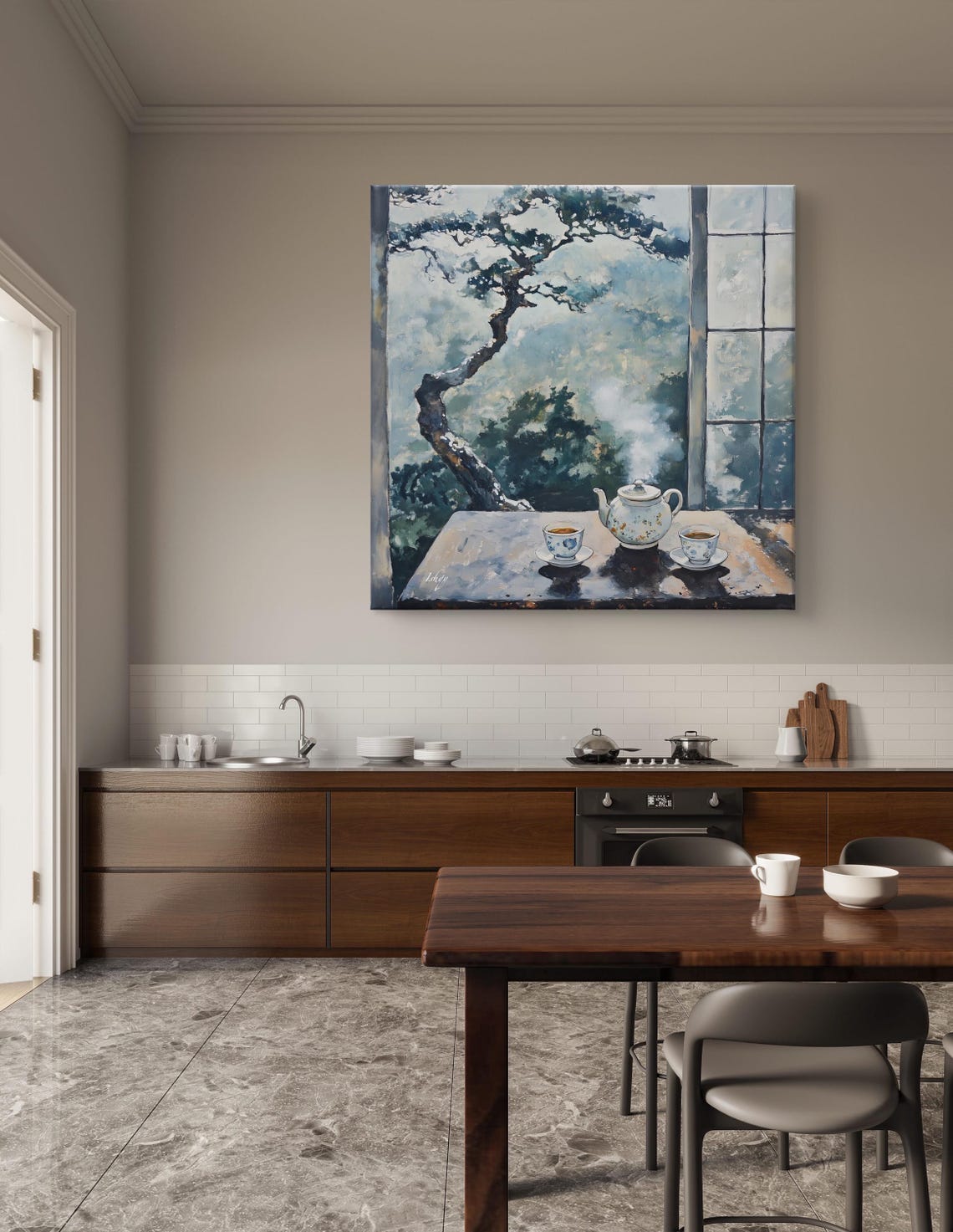 Serene Tea Time by the Window Pine Tree Mountain View Poster - Image 6