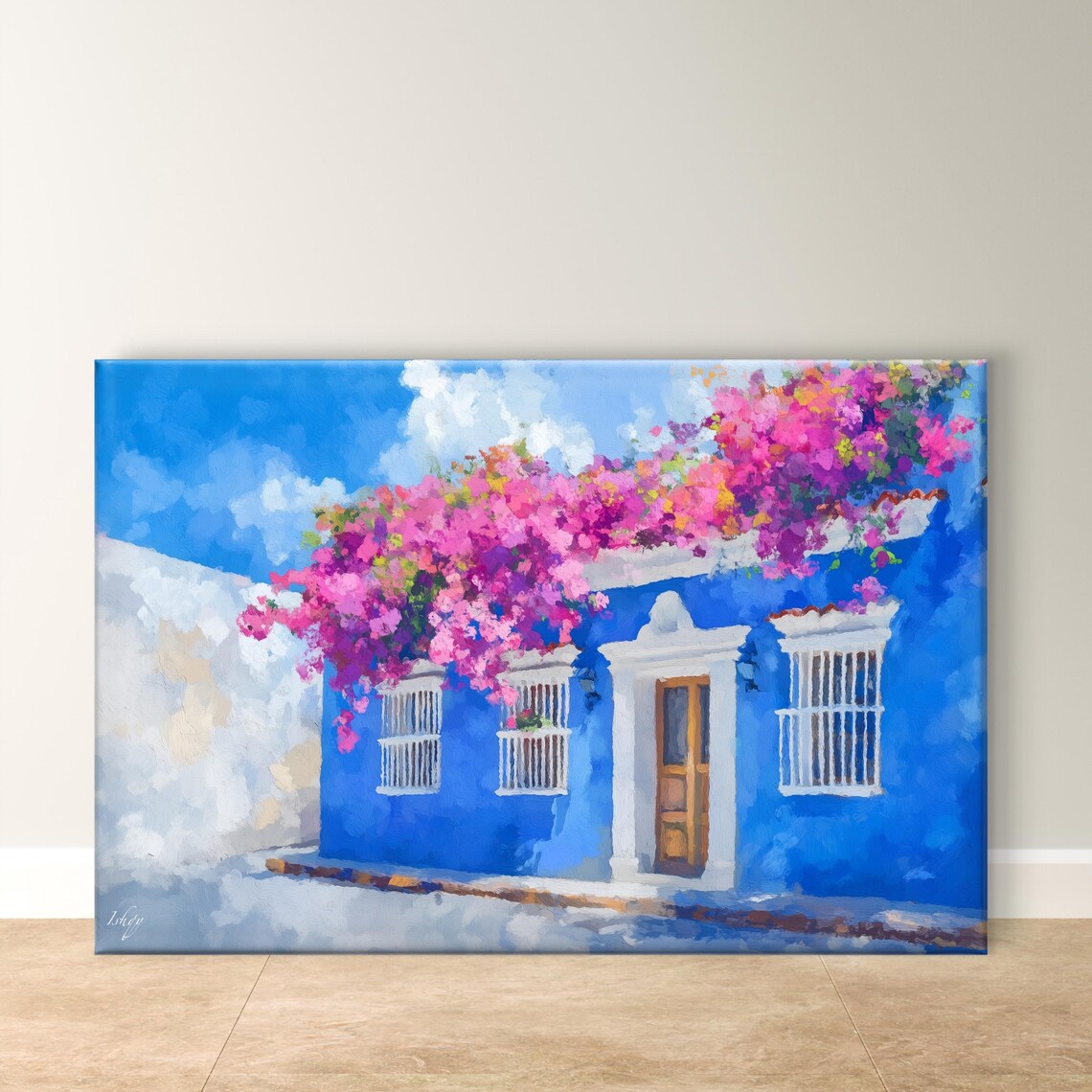 Cobalt Blue Colombian Colonial House With Bougainvillea Street Poster