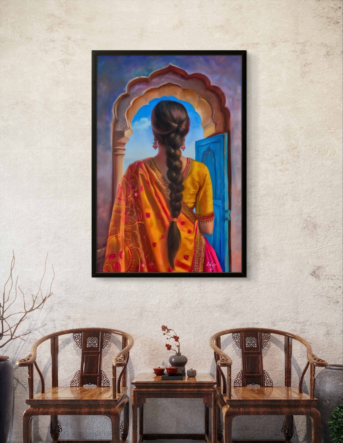 Punjabi Woman with Long Braid at Arched Blue Doorway Art Poster - Image 3