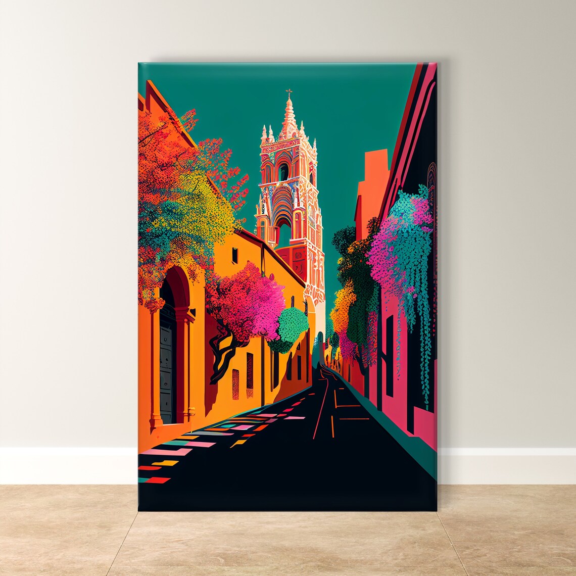 San Miguel de Allende Pink Church Street Stylized Mexico Poster