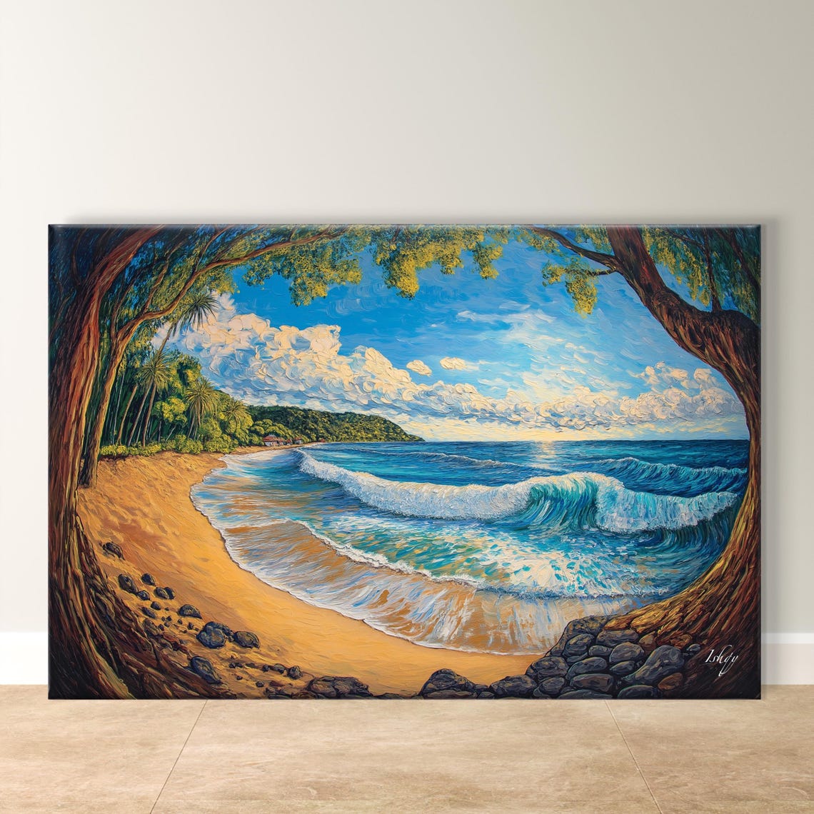 Tropical Beach Through a Tree Arch with Turquoise Wave Poster