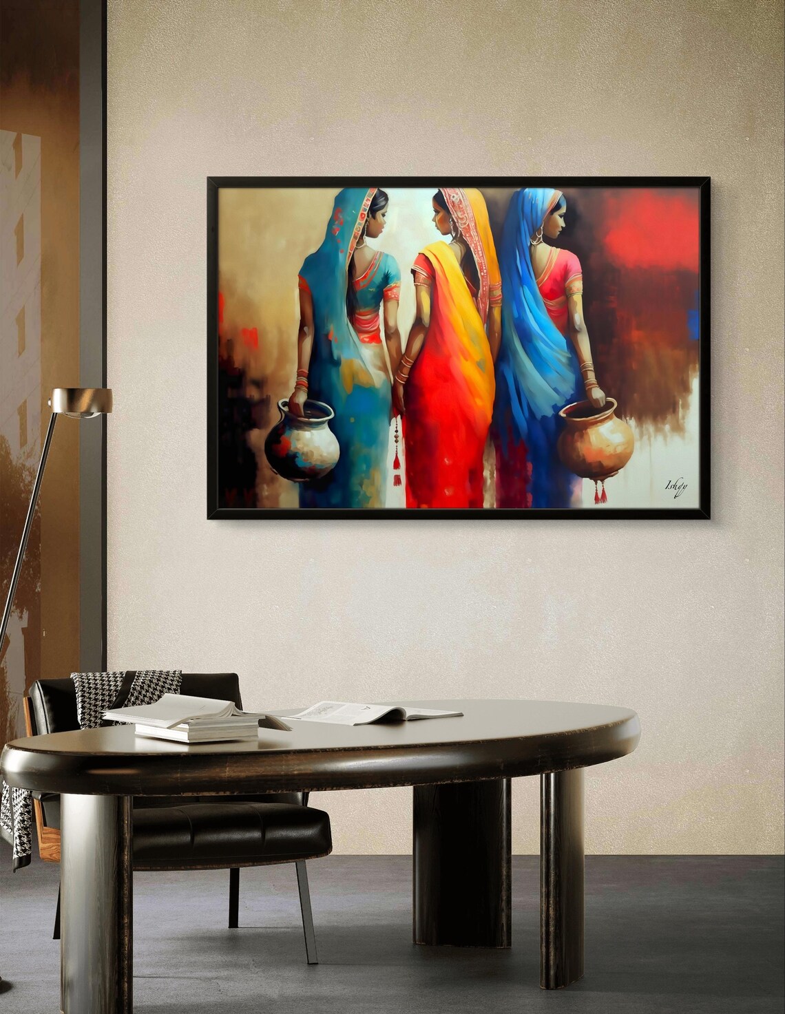 Three Indian Women in Bright Sarees Holding Water Pots Poster - Image 3