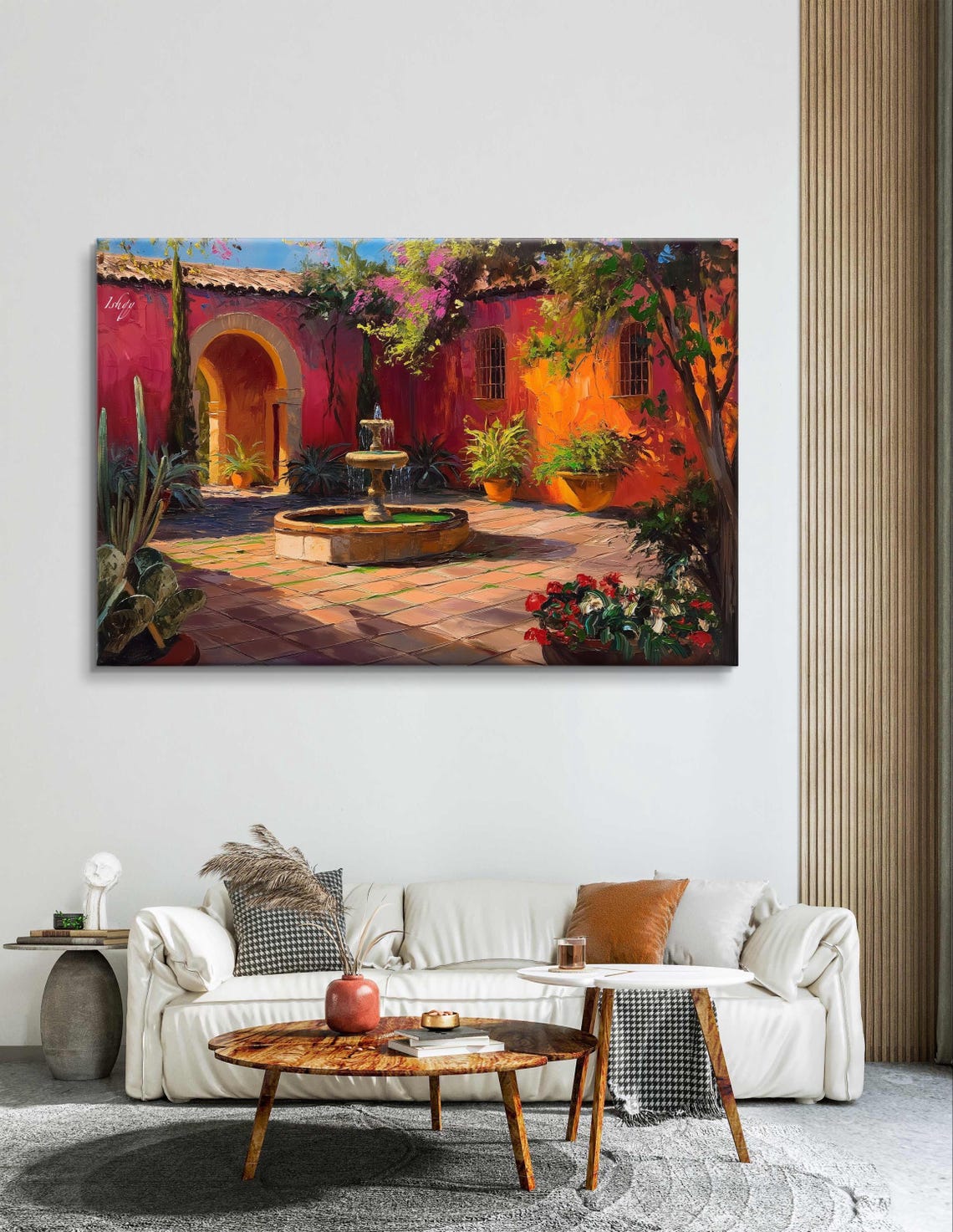 Mexican Courtyard with Fountain and Red Walls Painting Poster - Image 3