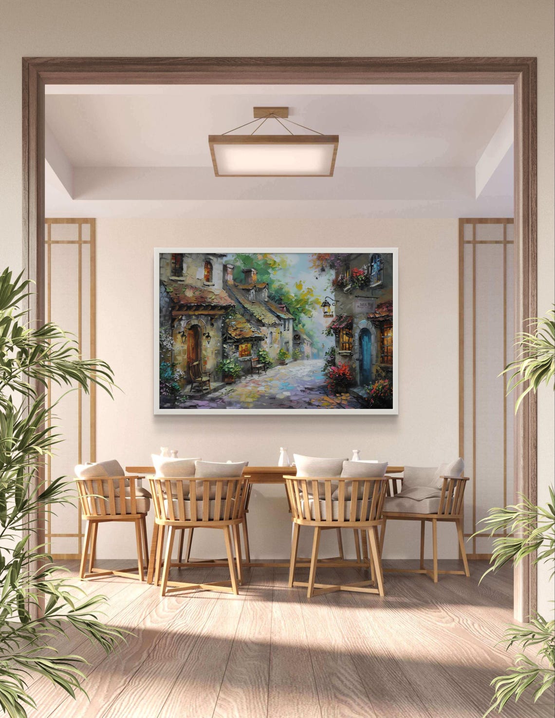 European Village Cobblestone Street with Lanterns Art Poster - Image 2