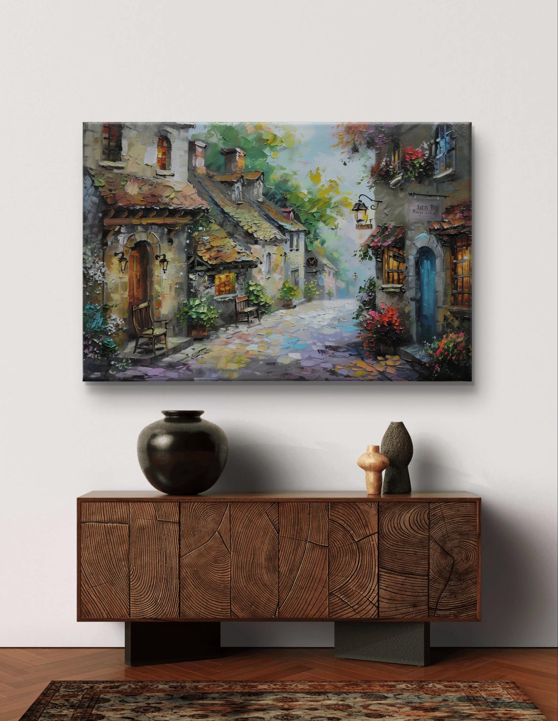 European Village Cobblestone Street with Lanterns Art Poster - Image 5