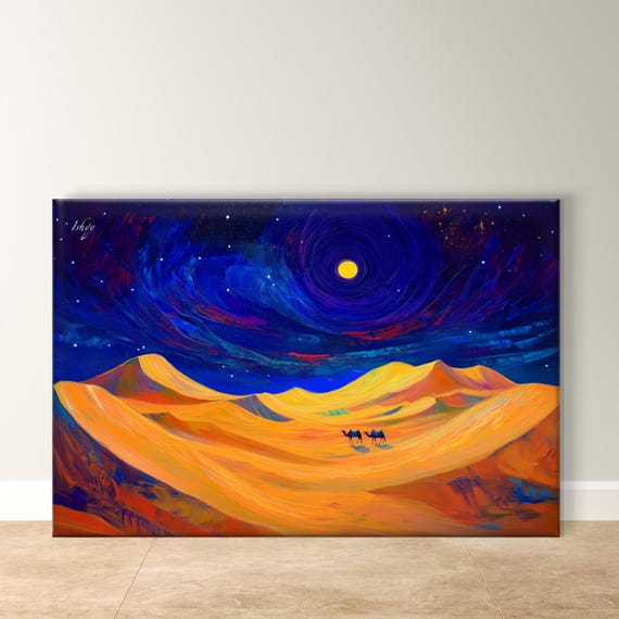Desert Nightscape Art Vibrant Dunes And Starry Sky Painting Cultural Wall Decor Unique Print Scenic Desert Landscape